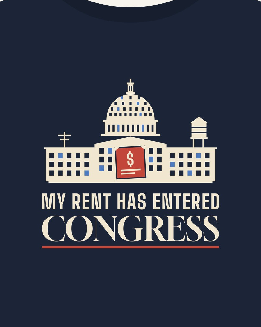 My Rent Has Entered Congress T-shirt in Navy, print detail