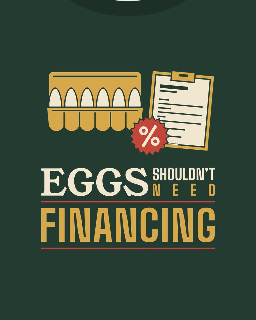 Eggs Shouldn’t Need Financing T-shirt in Pine Green, print detail