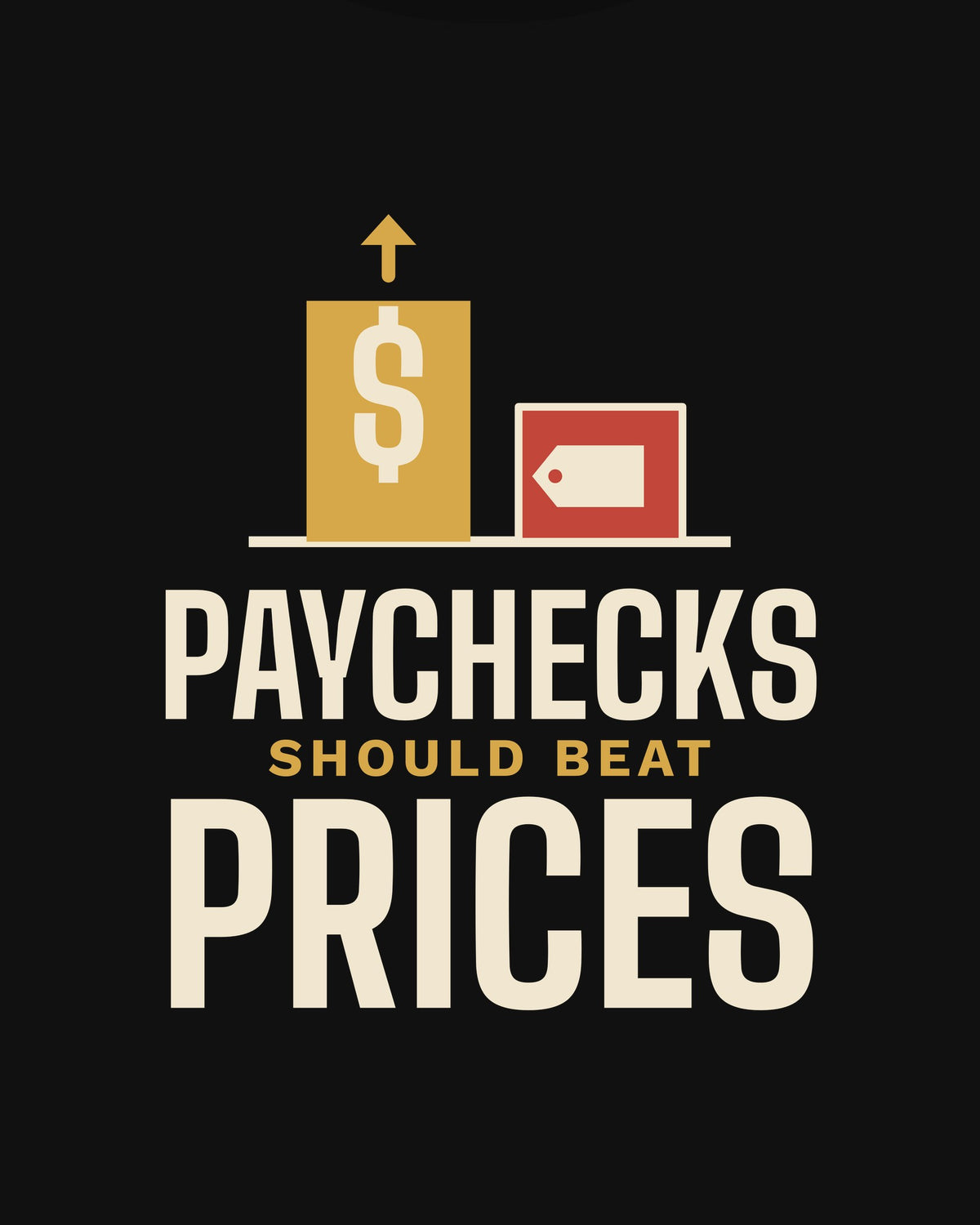 Paychecks Should Beat Prices T-shirt in Black, print detail