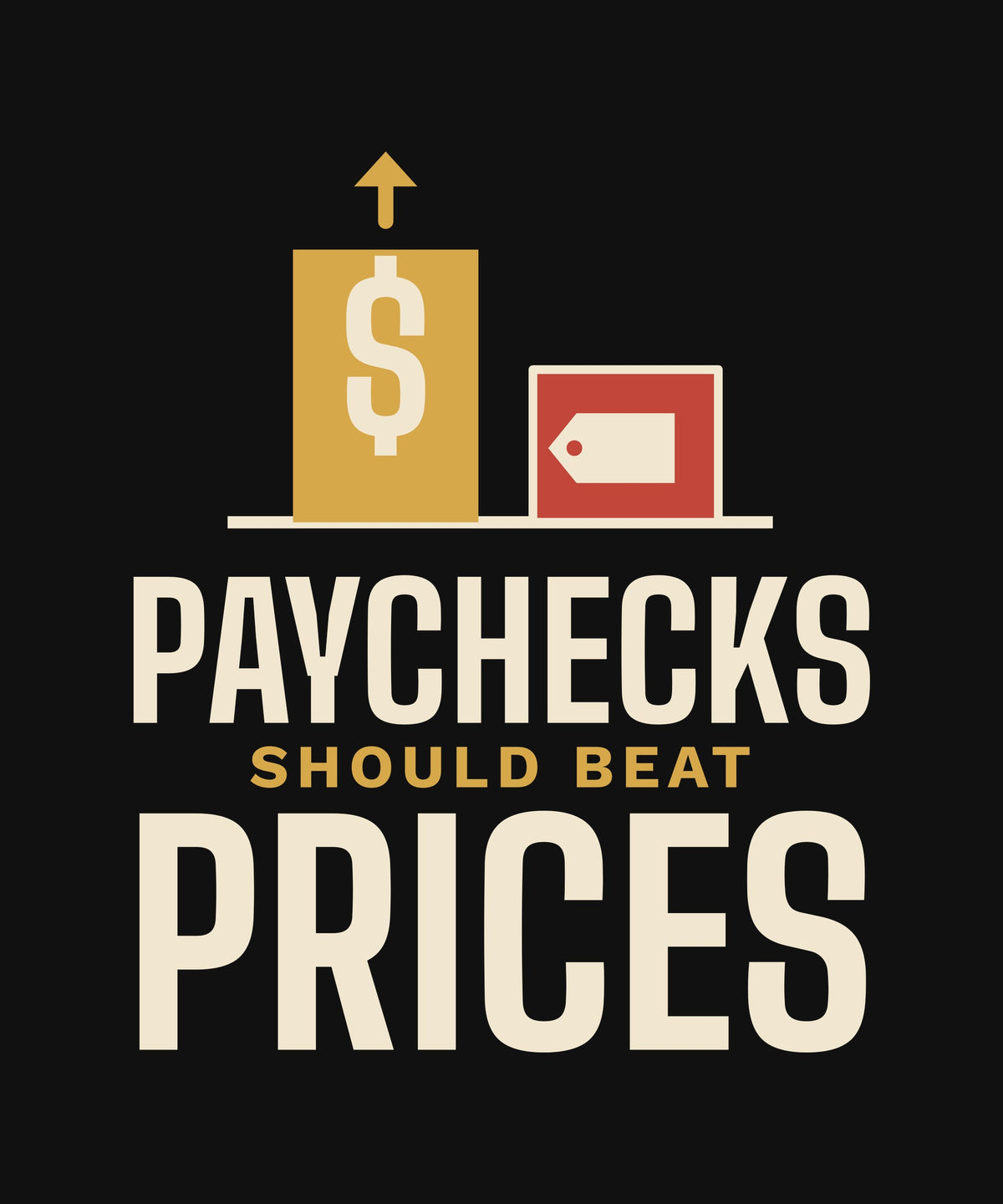 Paychecks Should Beat Prices T-shirt, close-up of the print