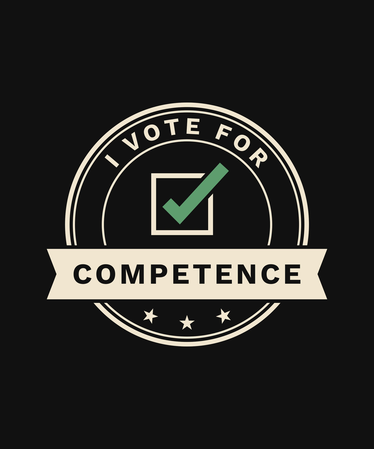 I Vote for Competence T-shirt, close-up of the print