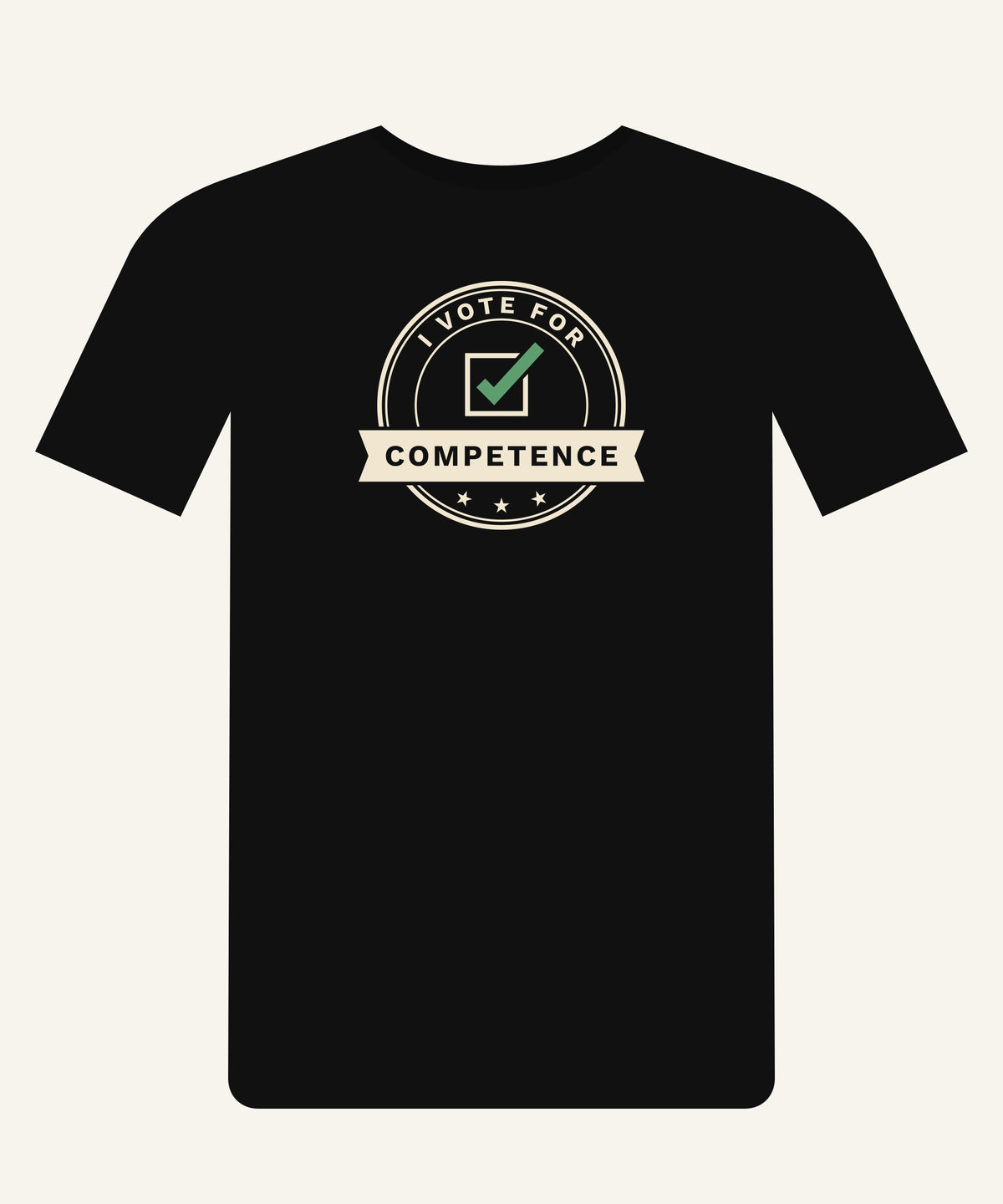 I Vote for Competence T-shirt in Black, front view