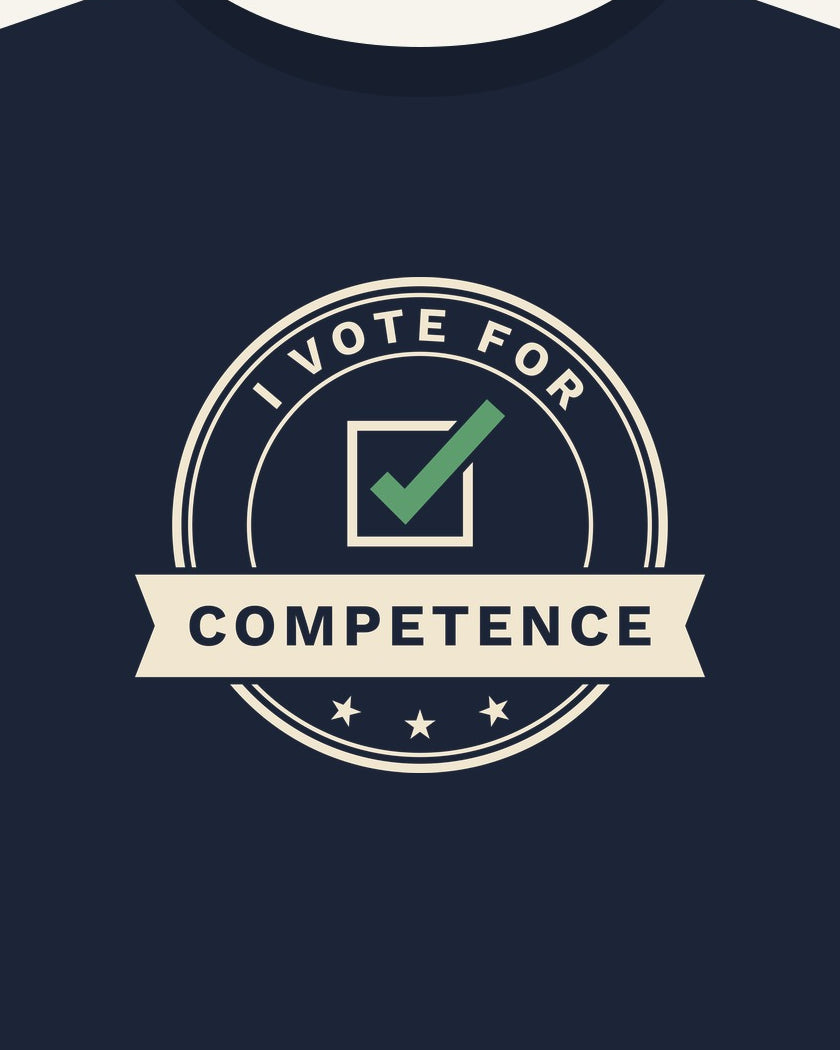 I Vote for Competence T-shirt in Navy, print detail