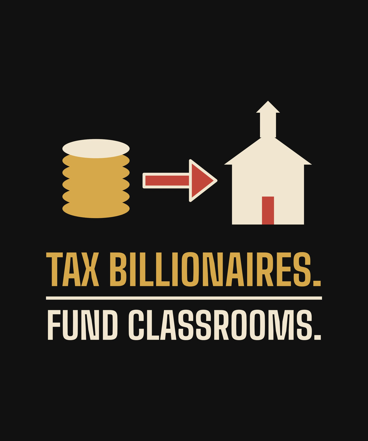Tax Billionaires. Fund Classrooms. T-shirt, close-up of the print