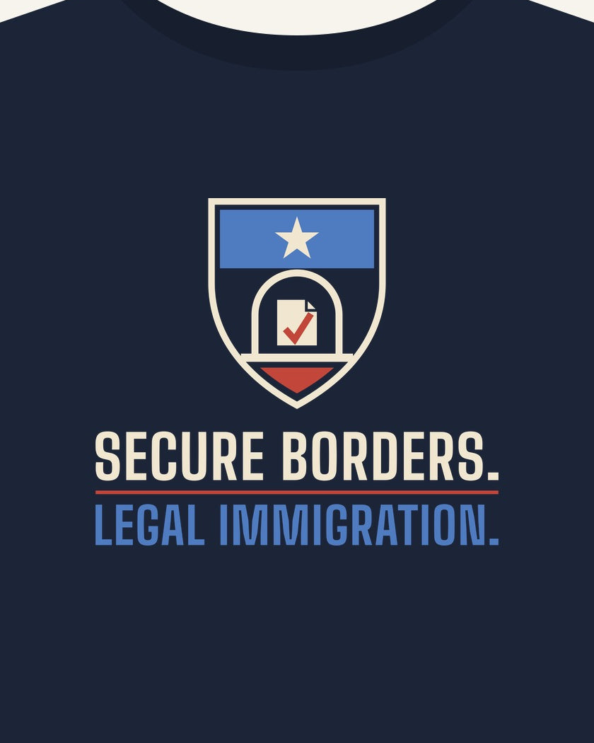 Secure Borders. Legal Immigration. T-shirt in Navy, print detail