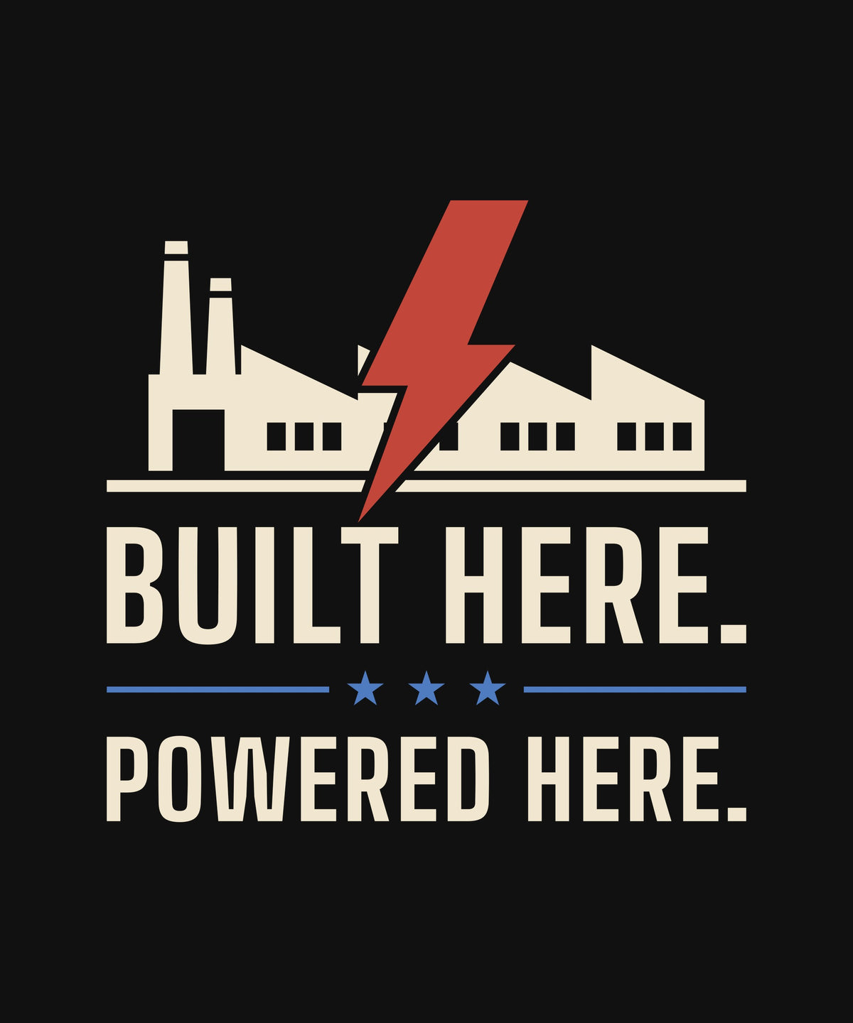 Built Here. Powered Here. T-shirt, close-up of the print