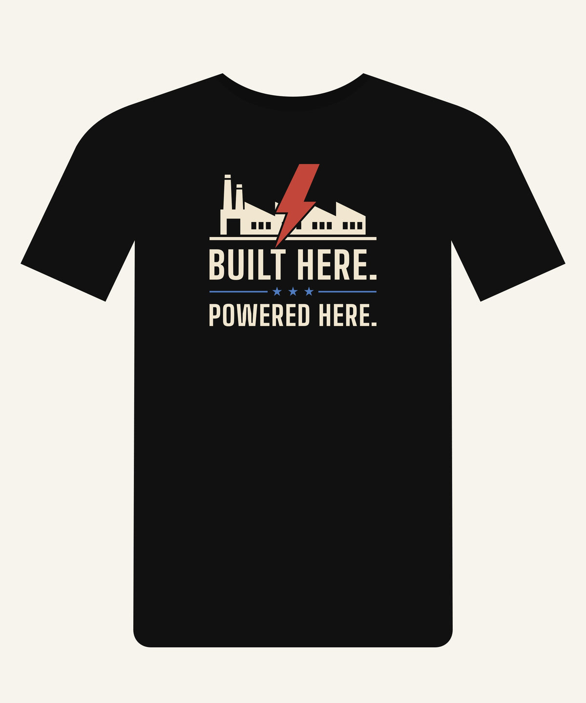 Built Here. Powered Here. T-shirt in Black, front view