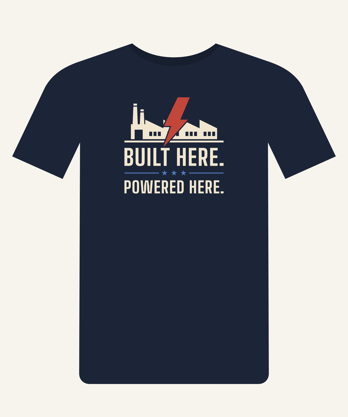 Built Here. Powered Here. T-shirt in Navy, front view