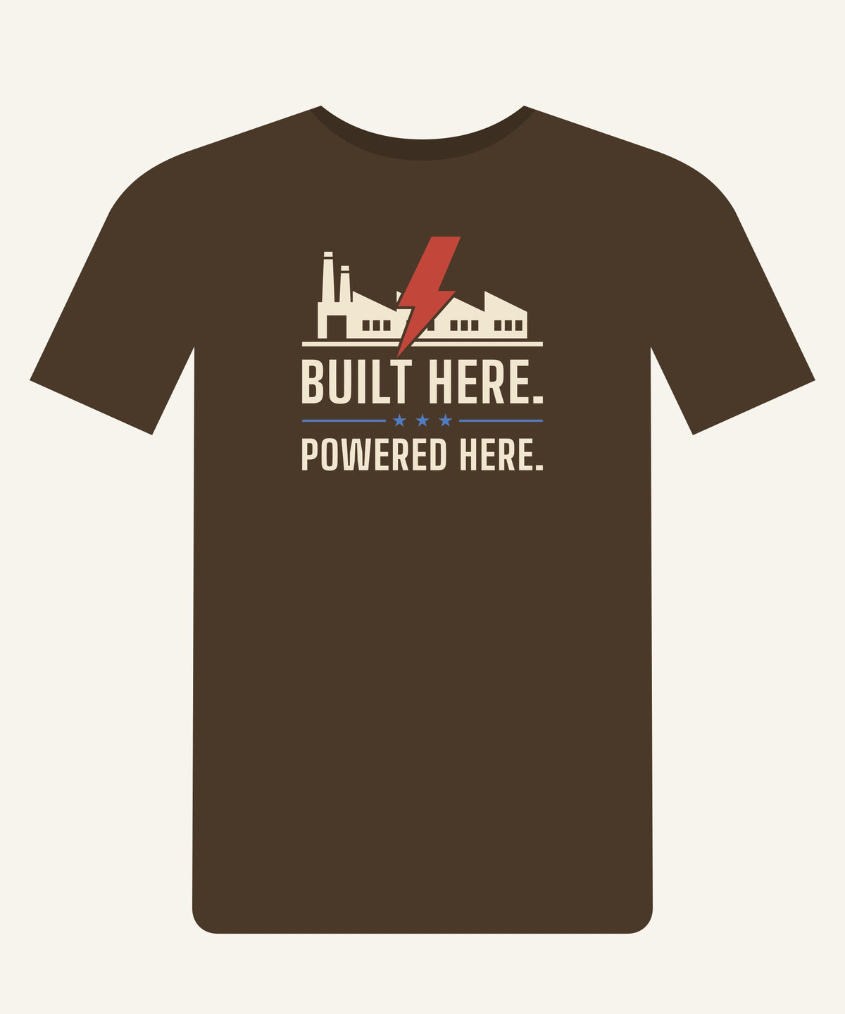 Built Here. Powered Here. T-shirt in Walnut, front view