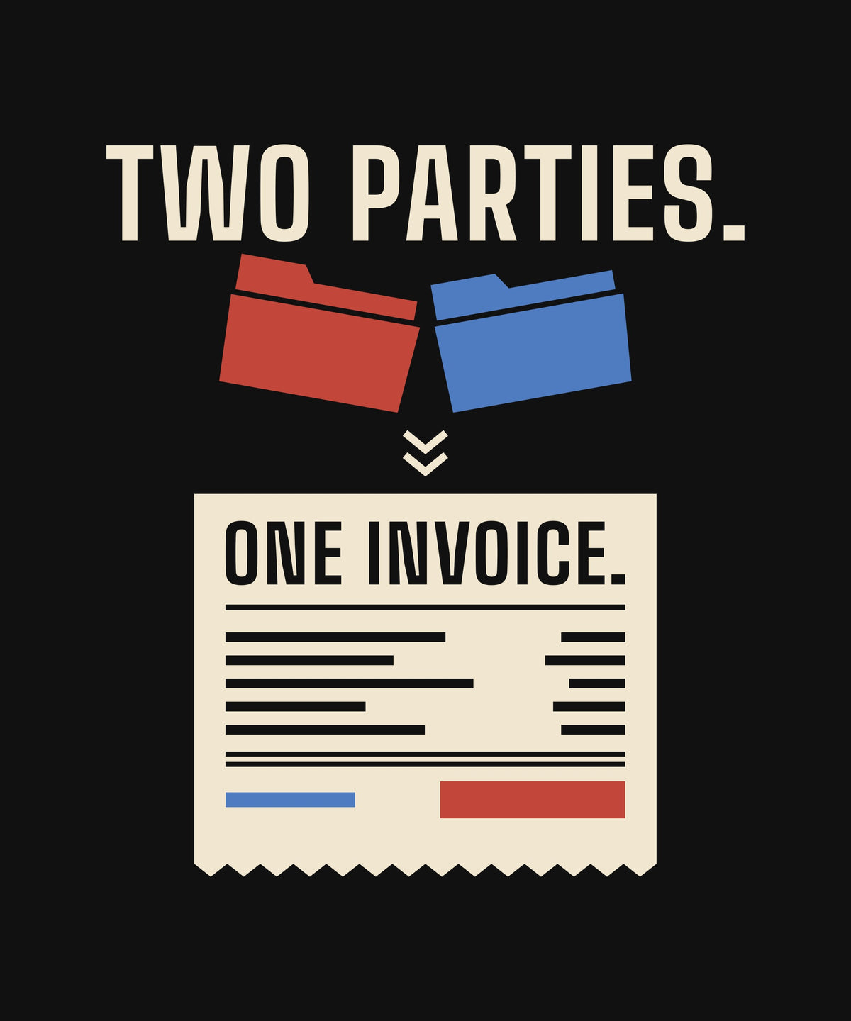 Two Parties. One Invoice. T-shirt, close-up of the print