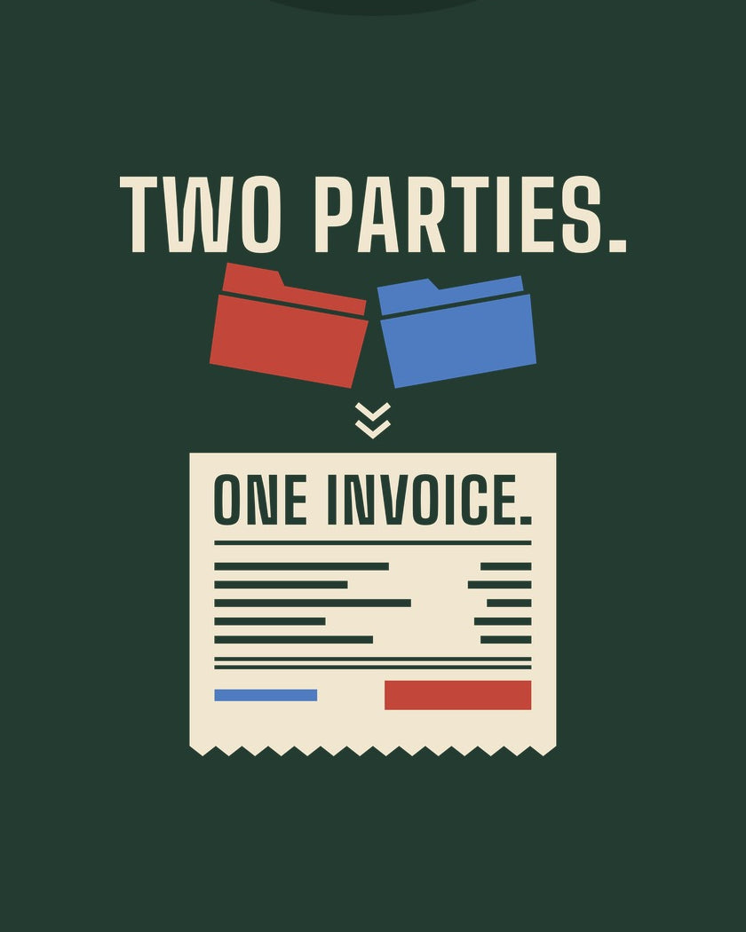 Two Parties. One Invoice. T-shirt in Pine Green, print detail
