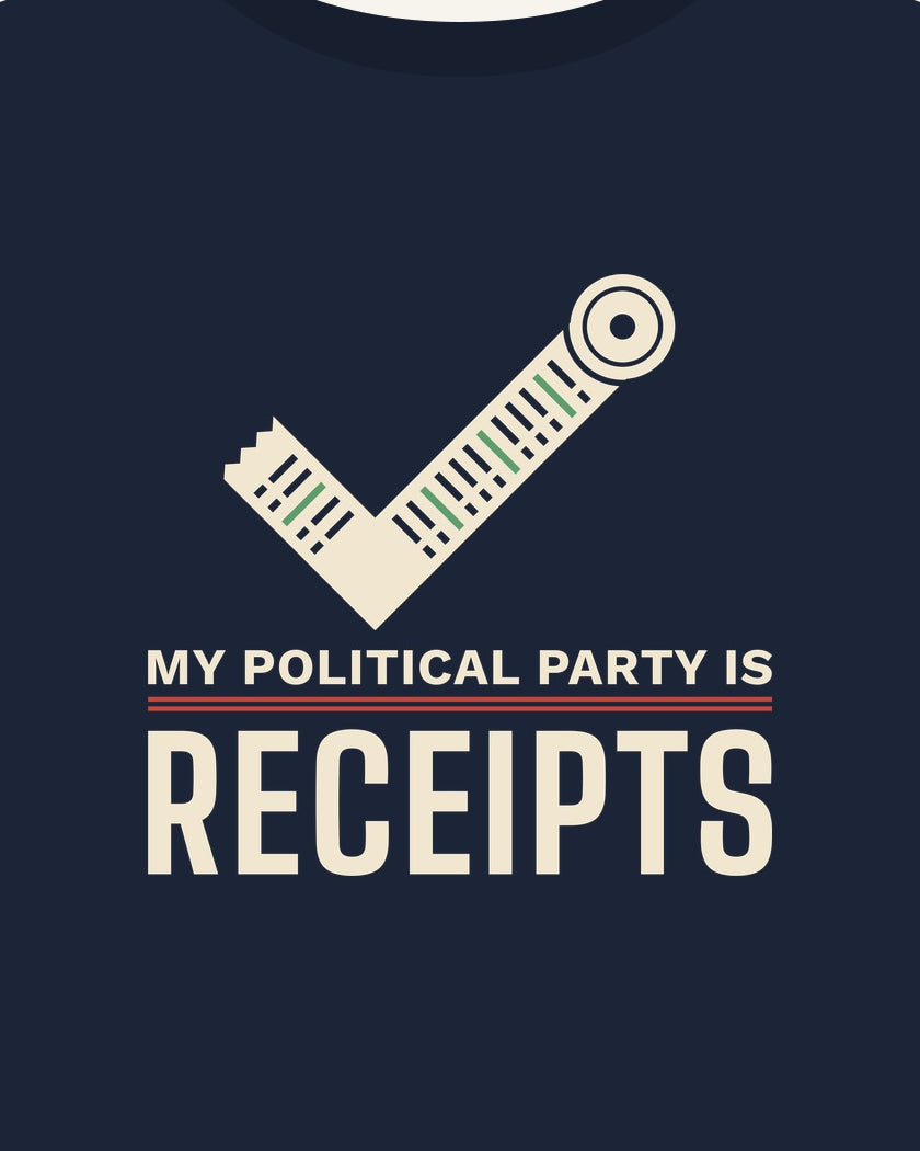 My Political Party Is Receipts T-shirt in Navy, print detail